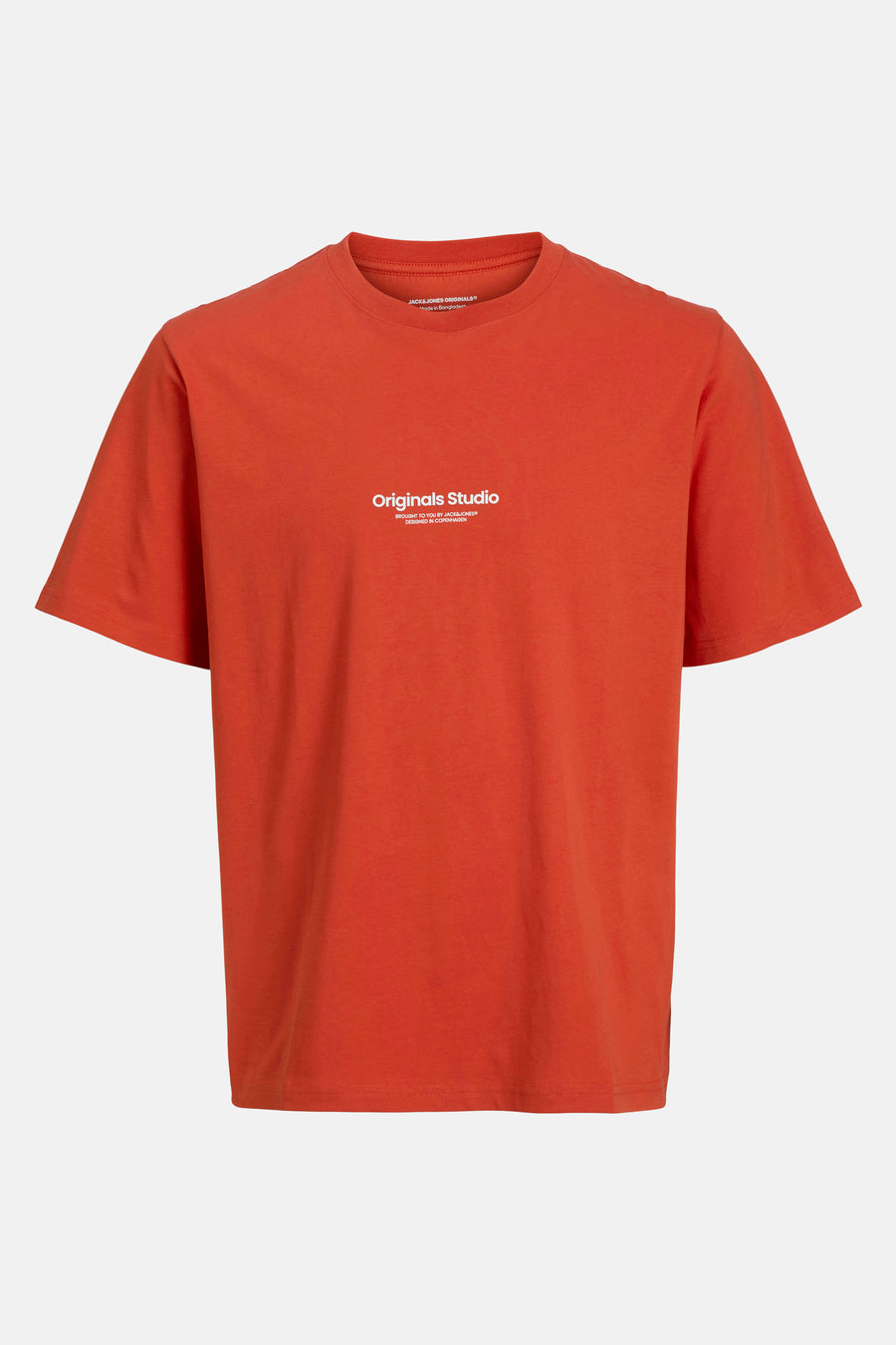 Oranje T-shirt met korte mouwen van ORIGINALS BY JACK & JONES, met een witte 'Originals Studio' print.