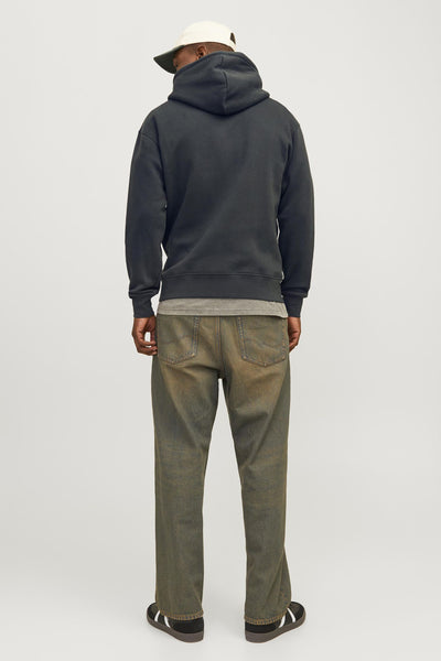 Dark green hooded sweatshirt back view, soft fleece texture, worn with olive jeans and white cap, lifestyle fit.