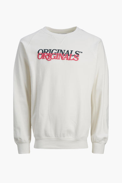 White crewneck sweatshirt with bold black and pink "ORIGINALS" logo, ribbed cuffs and hem, front view.
