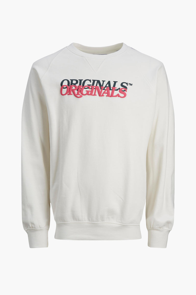 White crewneck sweatshirt with bold black and pink "ORIGINALS" logo, ribbed cuffs and hem, front view.