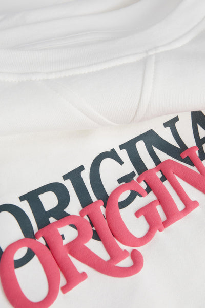 White O-neck sweatshirt with bold layered "ORIGINAL" graphic in pink and navy, close-up front view