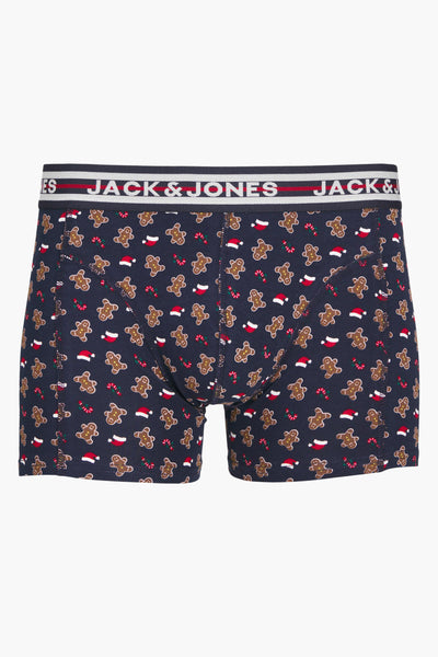 Boxer bleu marine par ACCESSORIES BY JACK & JONES avec motifs de bonhommes en pain d'épice, cannes de Noël et bonnets de Père Noël.