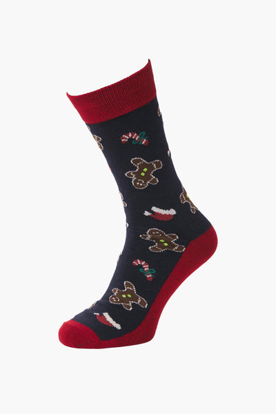 Chaussette bleue à motifs de Noël par ACCESSORIES BY JACK & JONES, avec des bonhommes en pain d'épice et des cannes de Noël.