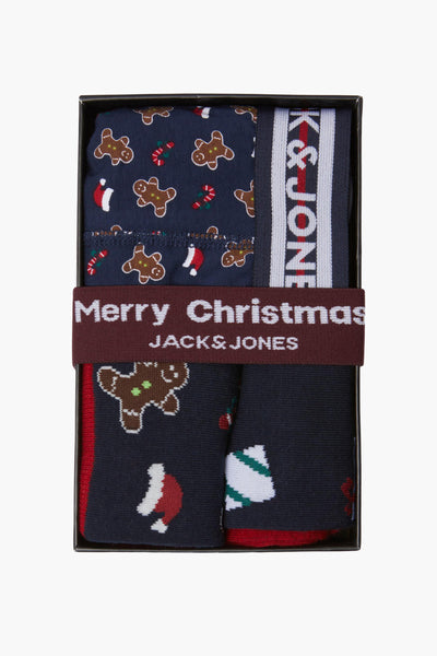 Blauw geschenkset met peperkoekmannetjespatroon van ACCESSORIES BY JACK & JONES, met strepen en kerstmotieven.