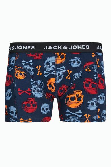 Blauwe boxershort van ACCESSORIES BY JACK & JONES met schedel- en gekruiste beenderenprint.
