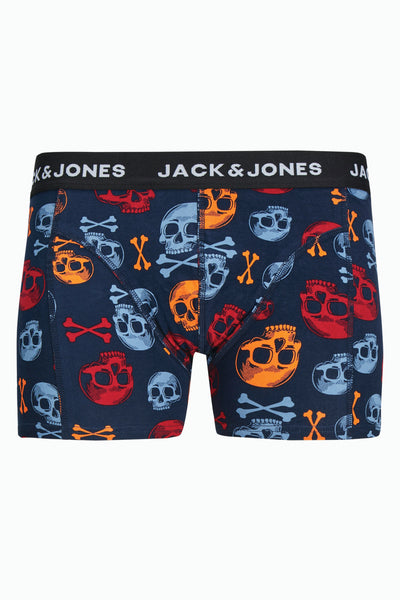 Blauwe boxershort van ACCESSORIES BY JACK & JONES met schedel- en gekruiste beenderenprint.