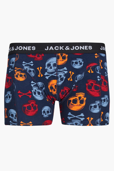 Blauwe boxer ACCESSORIES BY JACK & JONES met schedel- en gekruiste-bottenpatroon.