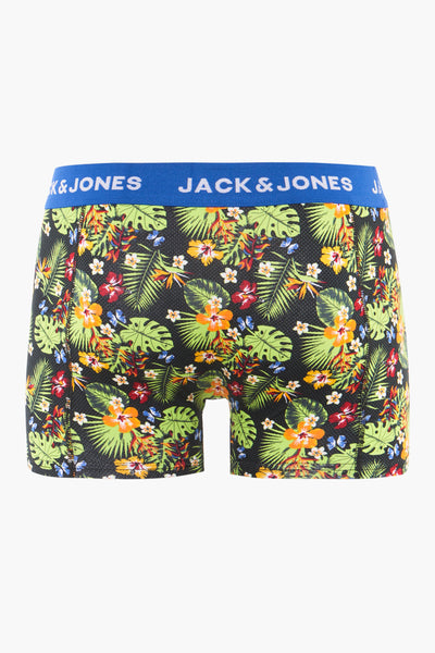Boxer multicolore de ACCESSORIES BY JACK & JONES, à motif floral et feuilles tropicales sur fond noir.