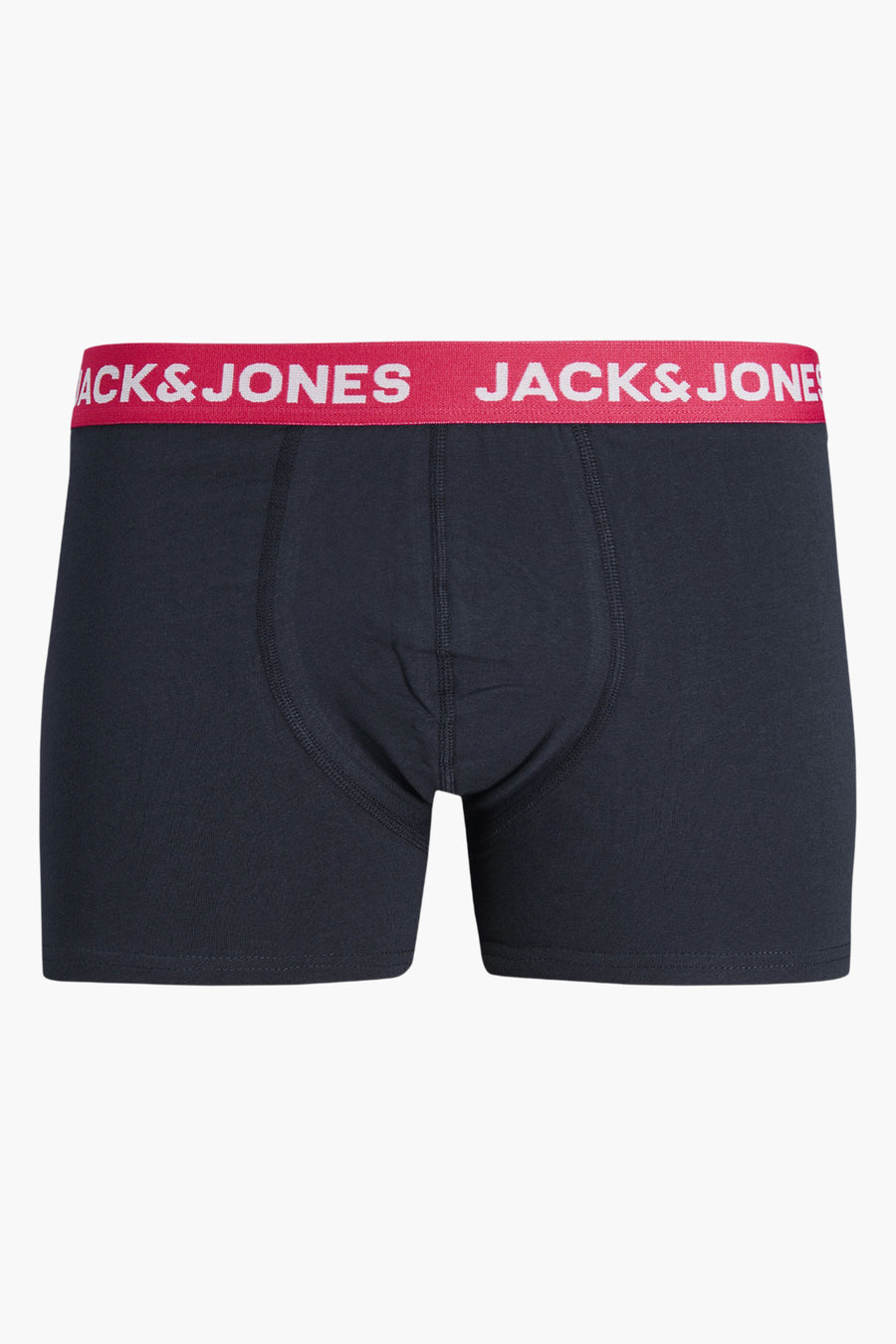 Marineblauwe boxer van ACCESSORIES BY JACK & JONES, met een rode elastische tailleband versierd met het logo.