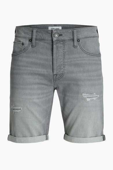 Korte grijze spijkerbroek van Jack & Jones, met omgeslagen zomen en versleten details.
