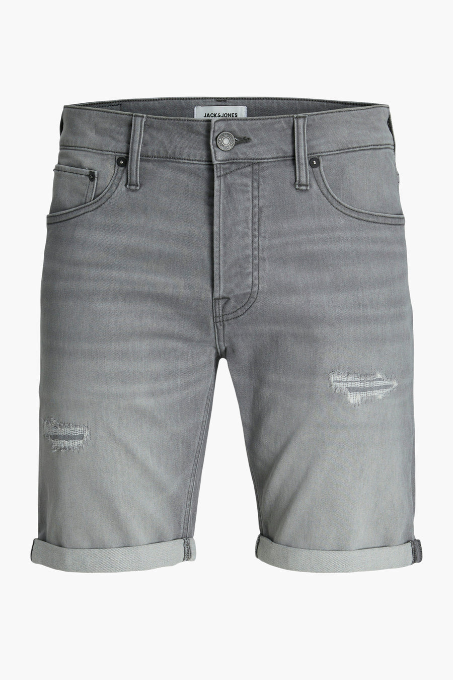 Korte grijze spijkerbroek van Jack & Jones, met omgeslagen zomen en versleten details.