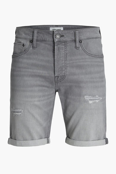 Grijze spijkerbroekshorts van JACK & JONES, met scheuren en opgerolde zomen.