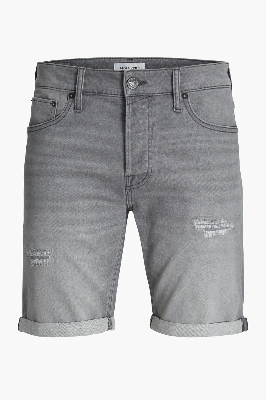 Grijze spijkerbroekshorts van JACK & JONES, met scheuren en opgerolde zomen.