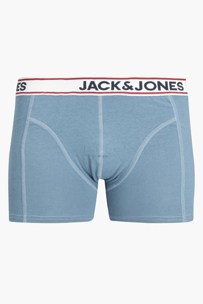 Boxer bleu de ACCESSORIES BY JACK & JONES, avec une ceinture élastique blanche ornée du logo.