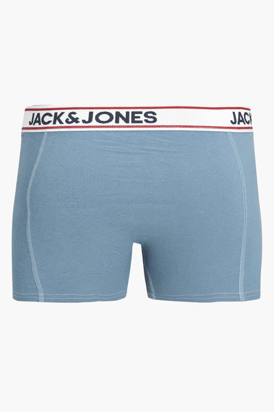 Blauwe boxer van ACCESSORIES BY JACK & JONES, met een witte en rode elastische tailleband met logo.