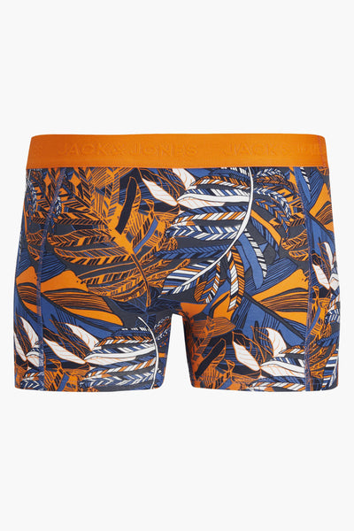 Oranje boxer ACCESSORIES BY JACK & JONES met marineblauw, wit en oranje bladmotief.
