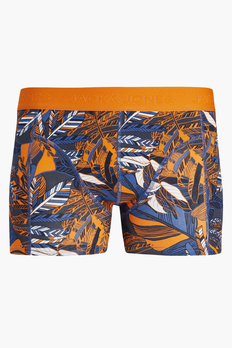 Oranje boxer, ACCESSORIES by JACK & JONES, met marineblauw, oranje en wit verenpatroon, blauwe stikseldetails.