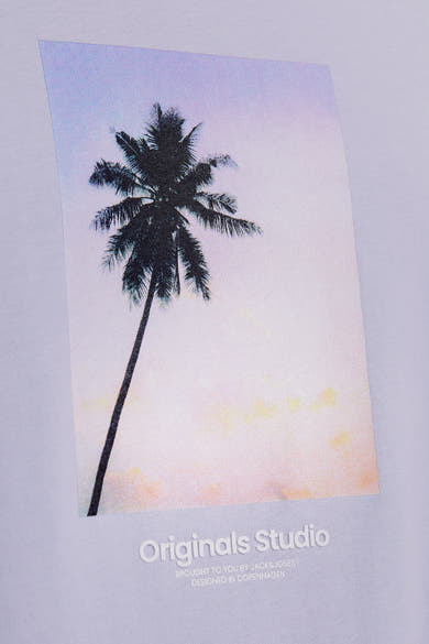 Paarse T-shirt met korte mouwen van ORIGINALS BY JACK & JONES met palmboom fotoprint.