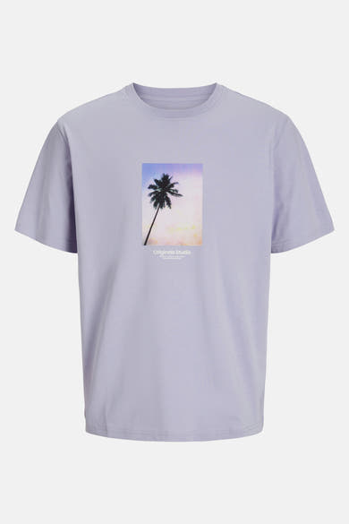 Paarse T-shirt met korte mouwen van ORIGINALS BY JACK & JONES met een gedrukte palmboomprint.