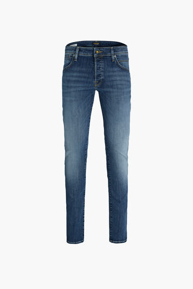 Jeans slim en denim bleu moyen de JACK & JONES, avec une texture délavée.