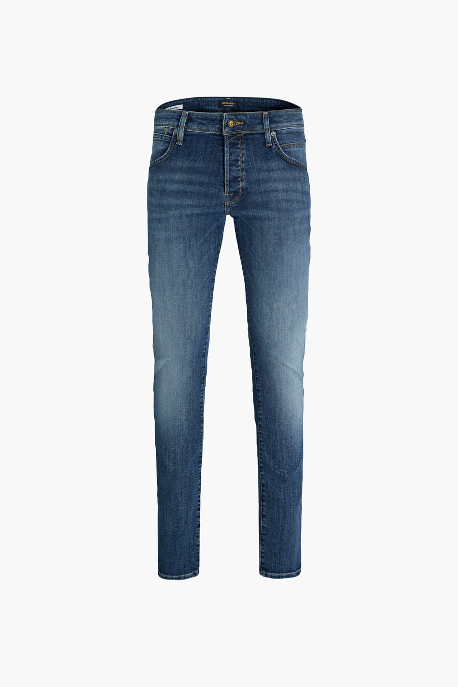 Jeans slim en denim bleu moyen de JACK & JONES, avec une texture délavée.