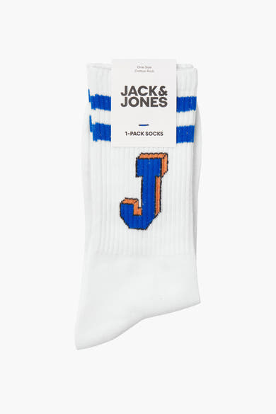 Chaussettes blanches ACCESSORIES BY JACK & JONES avec rayures bleues sur le dessus et lettre J bleu et orange.