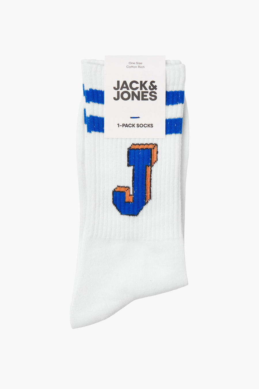 Chaussettes blanches ACCESSORIES BY JACK & JONES avec rayures bleues sur le dessus et lettre J bleu et orange.