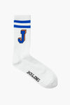 Chaussette blanche de ACCESSORIES BY JACK & JONES avec rayures bleues et lettre J pixelisée.