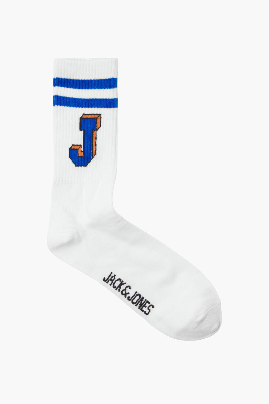 Chaussette blanche de ACCESSORIES BY JACK & JONES avec rayures bleues et lettre J pixelisée.