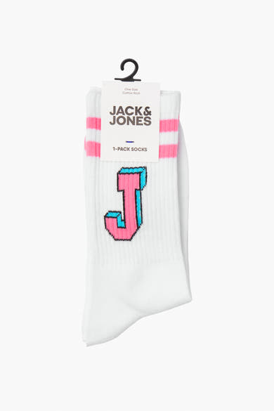 Chaussettes blanches en coton rich, de Jack & Jones, avec rayures roses et grand 'J' turquoise.