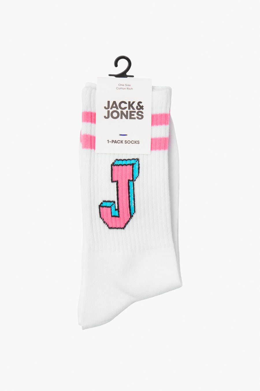 Chaussettes blanches en coton rich, de Jack & Jones, avec rayures roses et grand 'J' turquoise.
