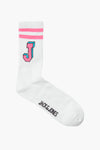 Chaussette blanche par ACCESSORIES BY JACK & JONES, avec des rayures roses et un "J" bleu.
