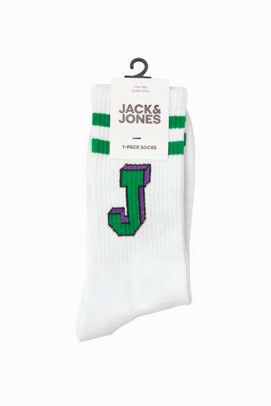 Chaussettes blanches by ACCESSORIES BY JACK & JONES avec rayures vertes et lettre J pixelisée.