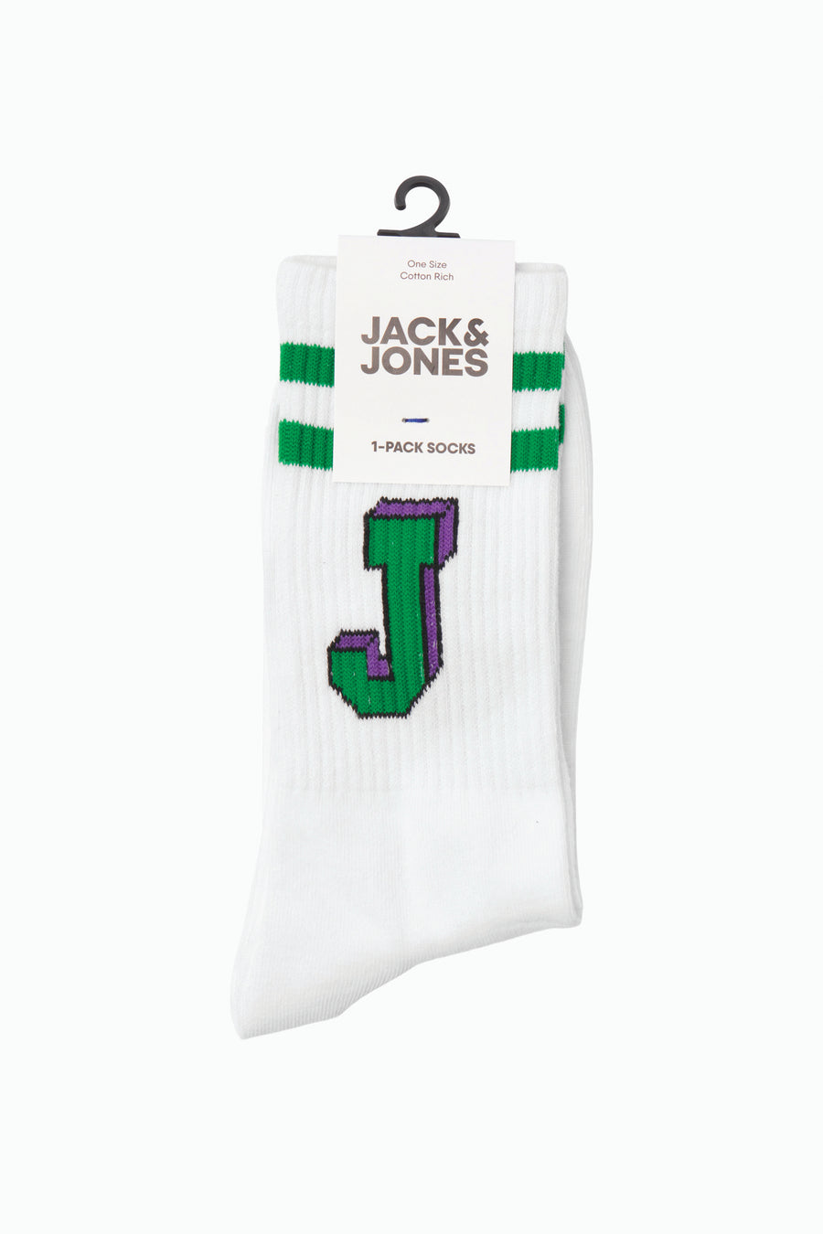 Chaussettes blanches by ACCESSORIES BY JACK & JONES avec rayures vertes et lettre J pixelisée.