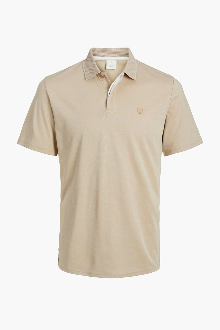 Beige polo van PREMIUM by JACK & JONES, met getextureerde kraag en discreet logo op de borst.