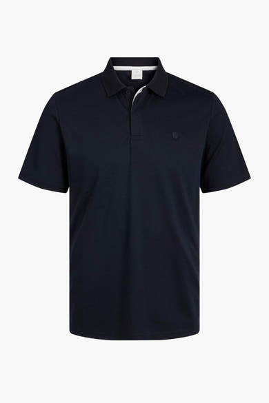 Marineblauwe polo van PREMIUM by JACK & JONES, met witte kraag en knoopsluiting.