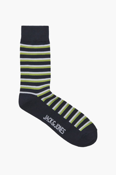 Chaussette rayée bleue, blanche et vert olive par ACCESSORIES BY JACK & JONES, avec logo sur le côté du pied.
