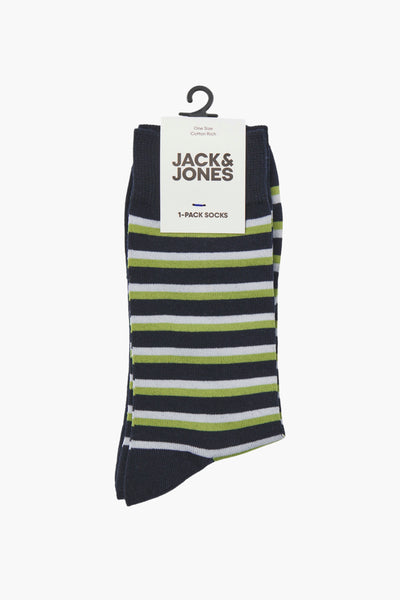 Chaussettes rayées bleues, vertes et blanches de ACCESSORIES BY JACK & JONES, présentées sur un support cartonné.