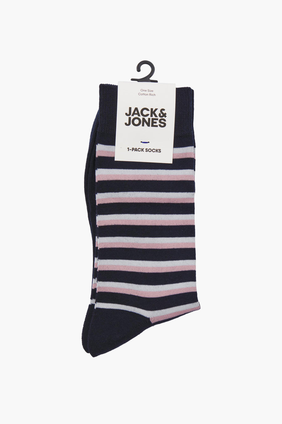 Chaussettes rayées bleues, roses et blanches de ACCESSORIES BY JACK & JONES, présentées sur un cintre.