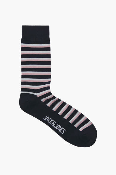 Chaussette bleue rayée par ACCESSORIES BY JACK & JONES, avec des rayures roses et blanches, logo imprimé sur le côté.
