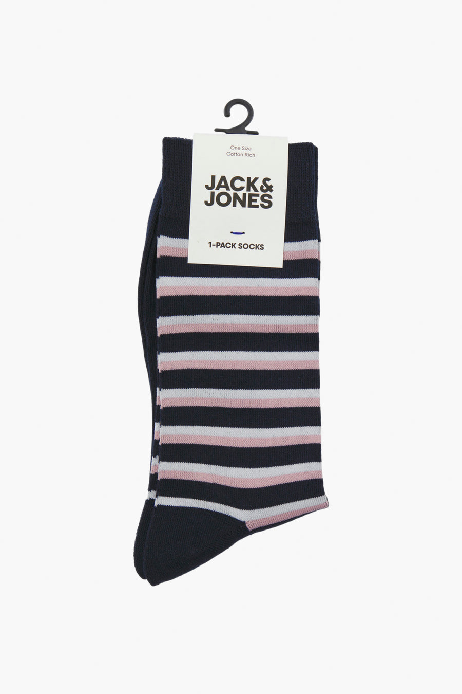 Chaussettes bleues à rayures blanches et roses par ACCESSORIES BY JACK & JONES, présentées sur un cintre.