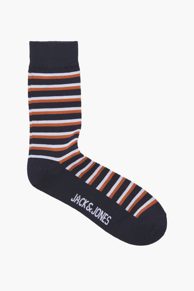 Chaussette bleue à rayures blanches et marron de Accessories by Jack & Jones, avec logo imprimé.