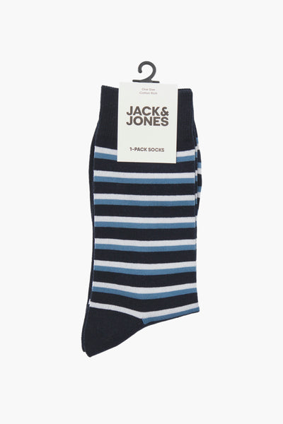 Blauwe gestreepte sokken van katoen van ACCESSORIES BY JACK & JONES, aan een zwarte hanger.