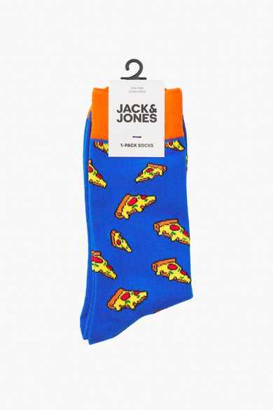 Chaussettes bleues imprimées de pizzas, par ACCESSORIES BY JACK & JONES, avec bordure orange côtelée.