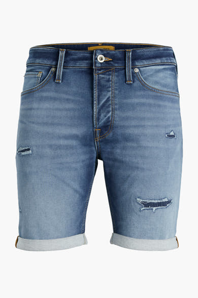 Korte spijkerbroek in blauwe denim van JACK & JONES JEANS INTELLIGENCE, met scheuren en opgerolde zomen.