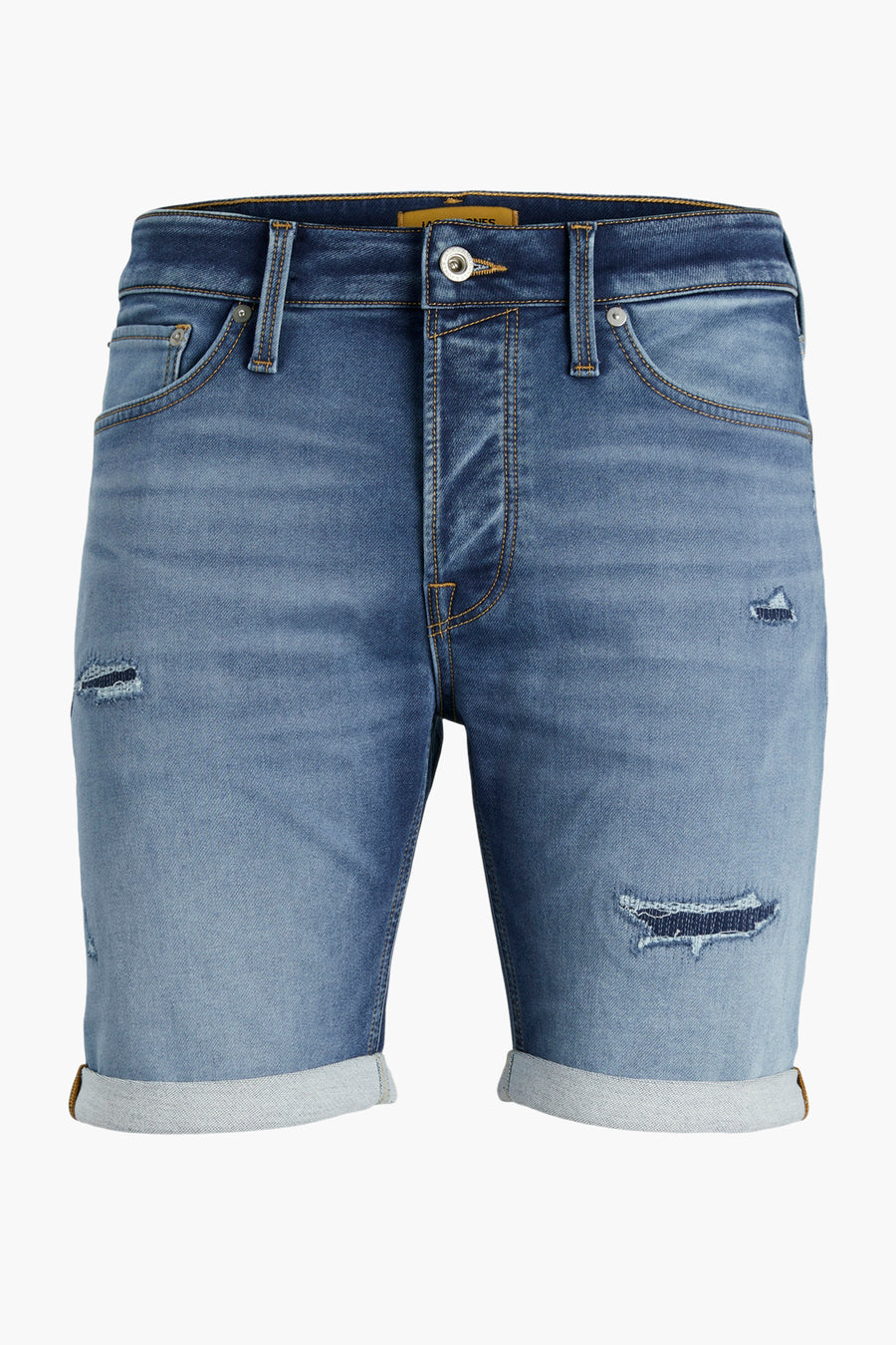 Korte spijkerbroek in blauwe denim van JACK & JONES JEANS INTELLIGENCE, met scheuren en opgerolde zomen.
