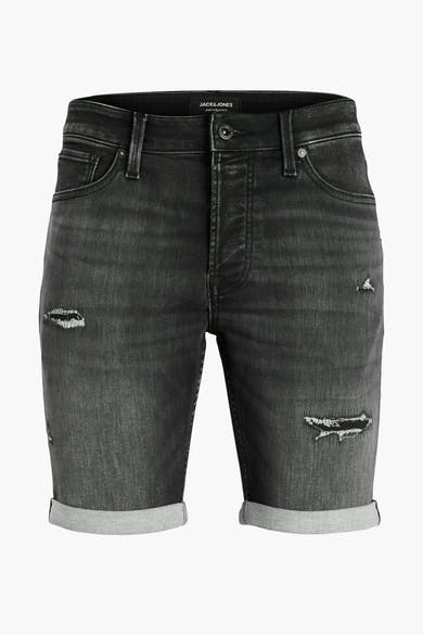 Korte zwarte denim short van JACK & JONES JEANS INTELLIGENCE met distressed details en opgerolde zomen.