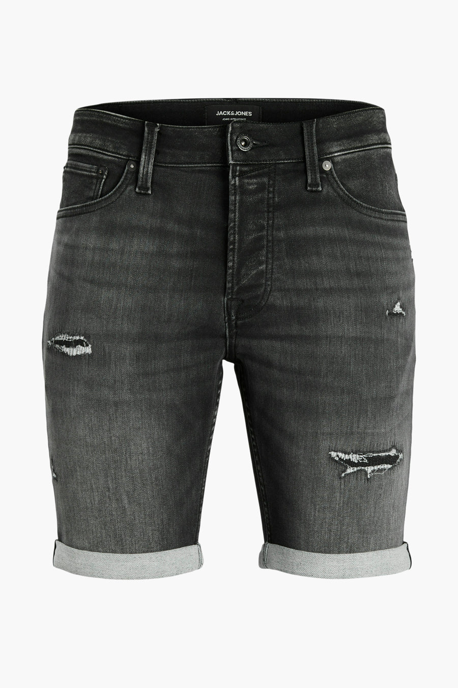 Korte zwarte denim short van JACK & JONES JEANS INTELLIGENCE met distressed details en opgerolde zomen.