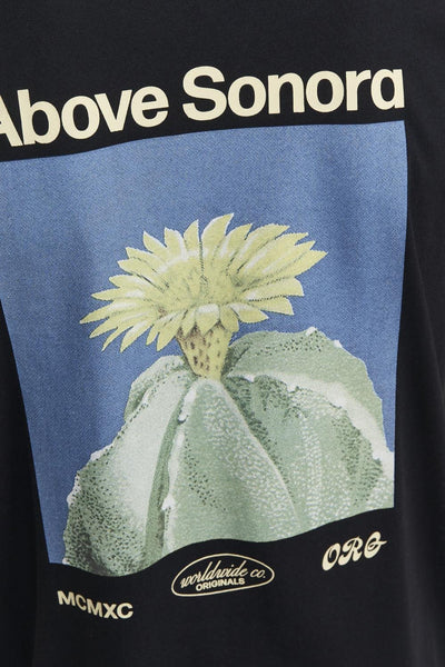 T-shirt noir à manches courtes de ORIGINALS BY JACK & JONES, avec motif cactus fleuri et lettrage décoratif.