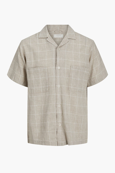 Heren tops hemd motief korte mouw - beige